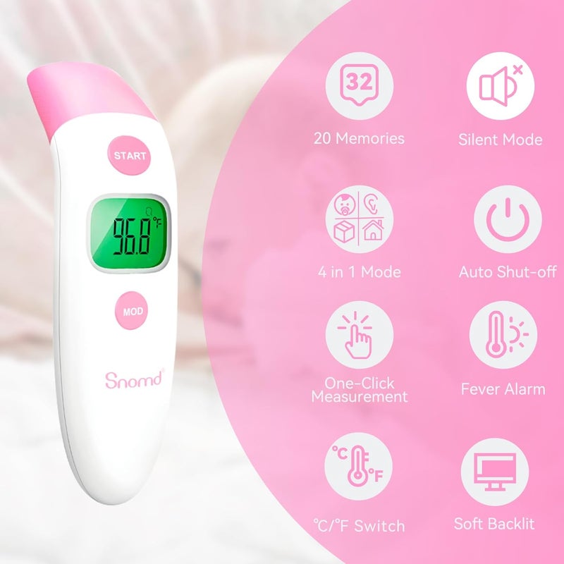 Snomd Forehead and Ear Thermometer 3 in 1 Non-Contact Backlight Body Object Temperature Checking Sensor Touchless Digital Thermometer with Fever Alert - Image 2
